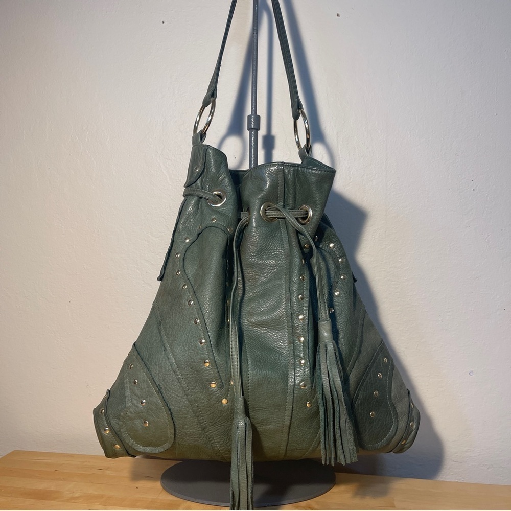 Vintage Y2K Bulga Green Leather Studded Hobo Bag Drawstring Tassel Purse